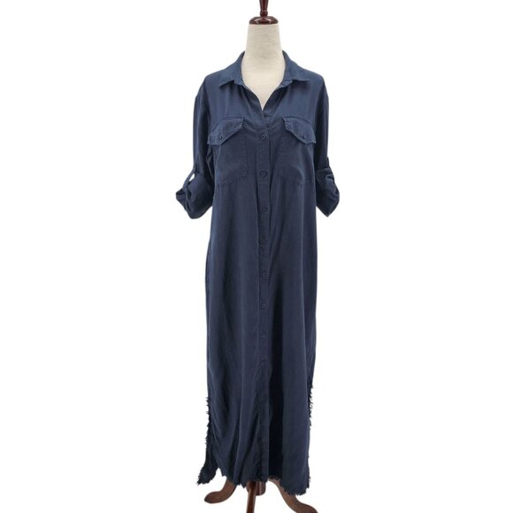 Cloth & Stone Womens Small Dress Frayed Roll Tab Sleeve Midi Shirt Dress Blue - Picture 3 of 12